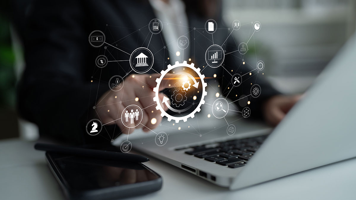 business operations manager pressing buttons